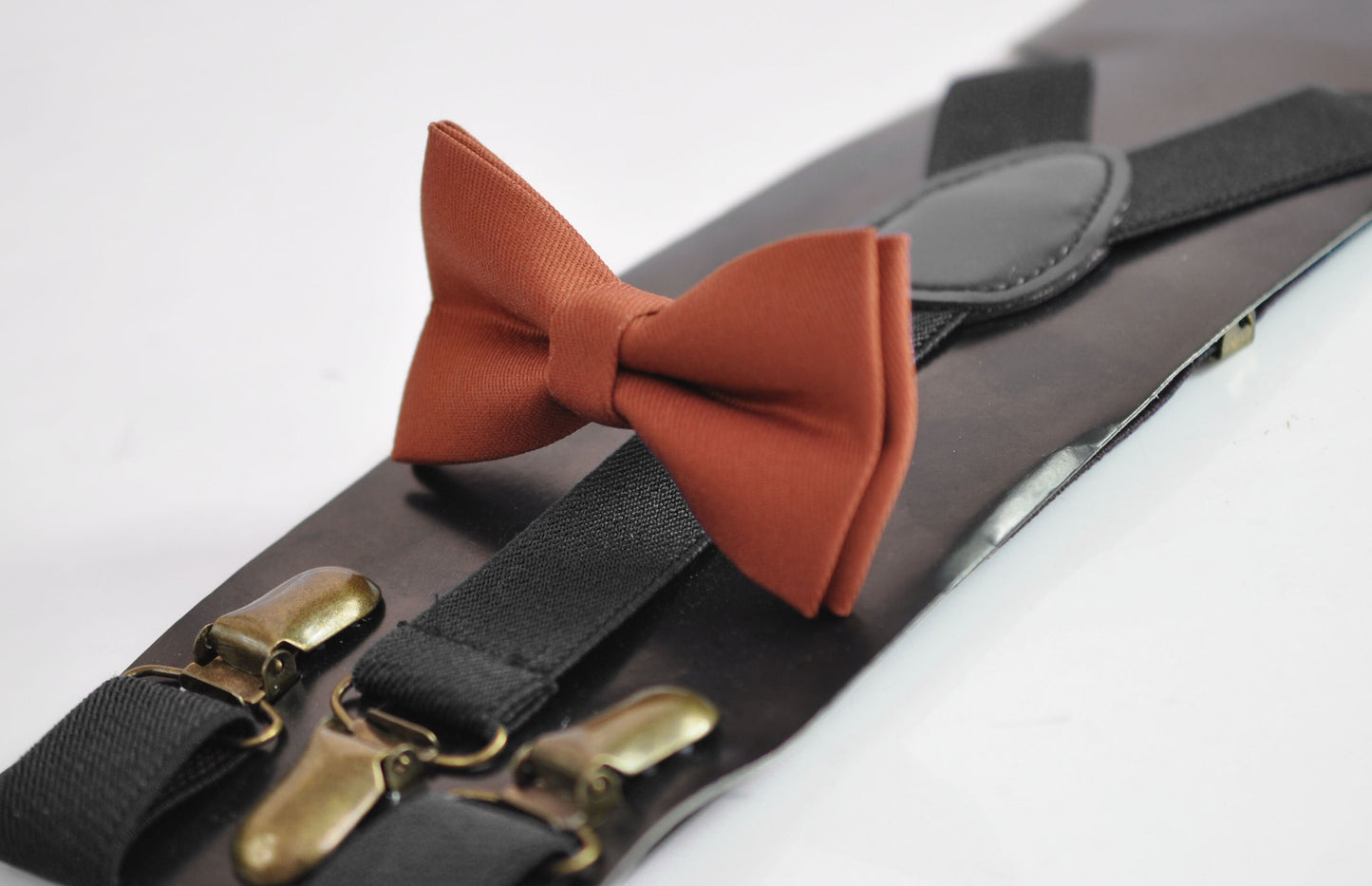 Rust Rusty Redish Brown Cotton Bow tie Bowtie + Black Elastic Suspenders Braces for Men / Youth Teenage/ Boys Kids / Baby Infant Toddler