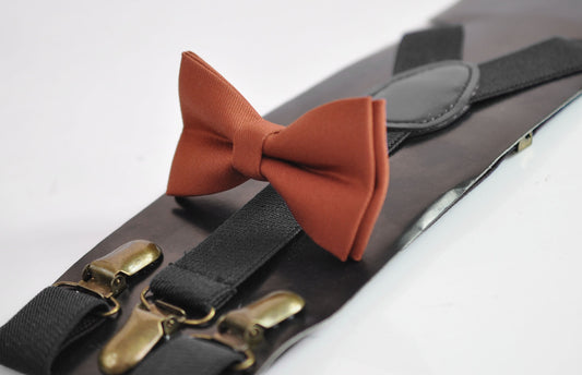 Rust Rusty Redish Brown Cotton Bow tie Bowtie + Black Elastic Suspenders Braces for Men / Youth Teenage/ Boys Kids / Baby Infant Toddler