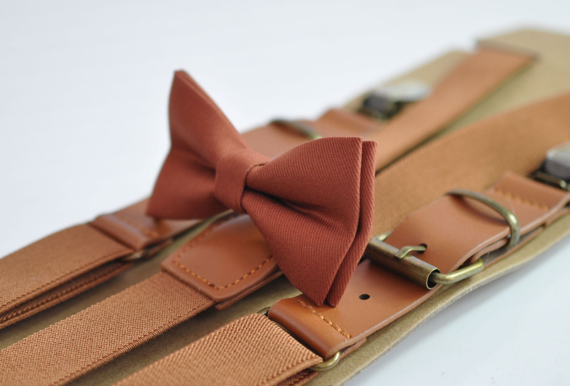 Rusty Rust Redish Brown Cotton Bow tie + Tan Elastic Faux Leather Suspenders Braces for Baby infant Toddler / Boy Kids / Youth / Adult Men