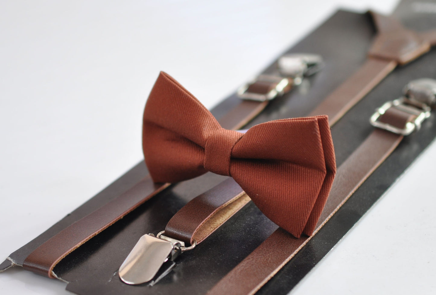 Rust Rusty Brown Pretied Cotton Bow tie + Brown Faux Leather Suspenders for Baby infant toddler / Kids Boy / Youth Teenage