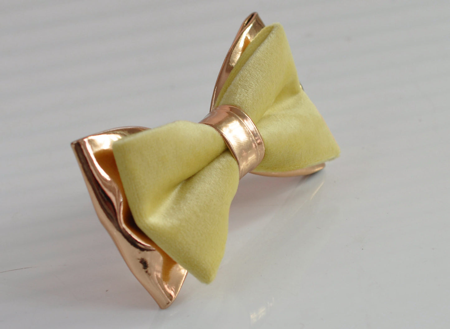 Lemon yellow Baby Yellow Velvet + Rose Gold Faux Leather Bow tie Bowtie for Men Adult / Youth Teenage / Kids Boy / Baby Infant Toddler