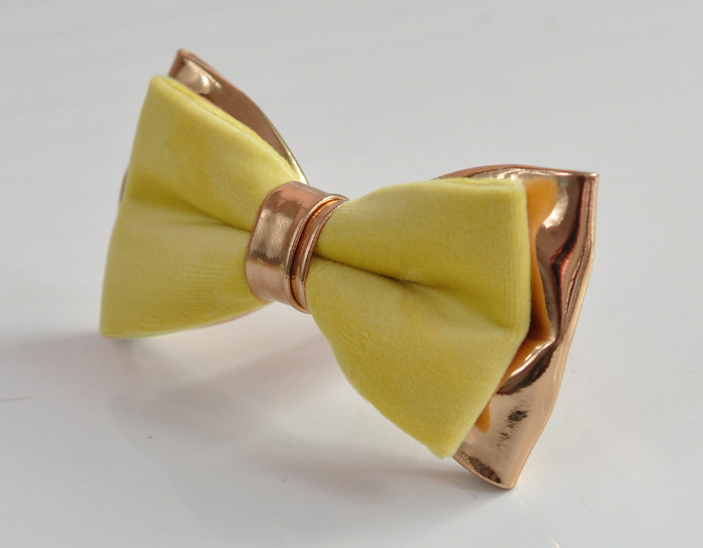 Lemon yellow Baby Yellow Velvet + Rose Gold Faux Leather Bow tie Bowtie for Men Adult / Youth Teenage / Kids Boy / Baby Infant Toddler