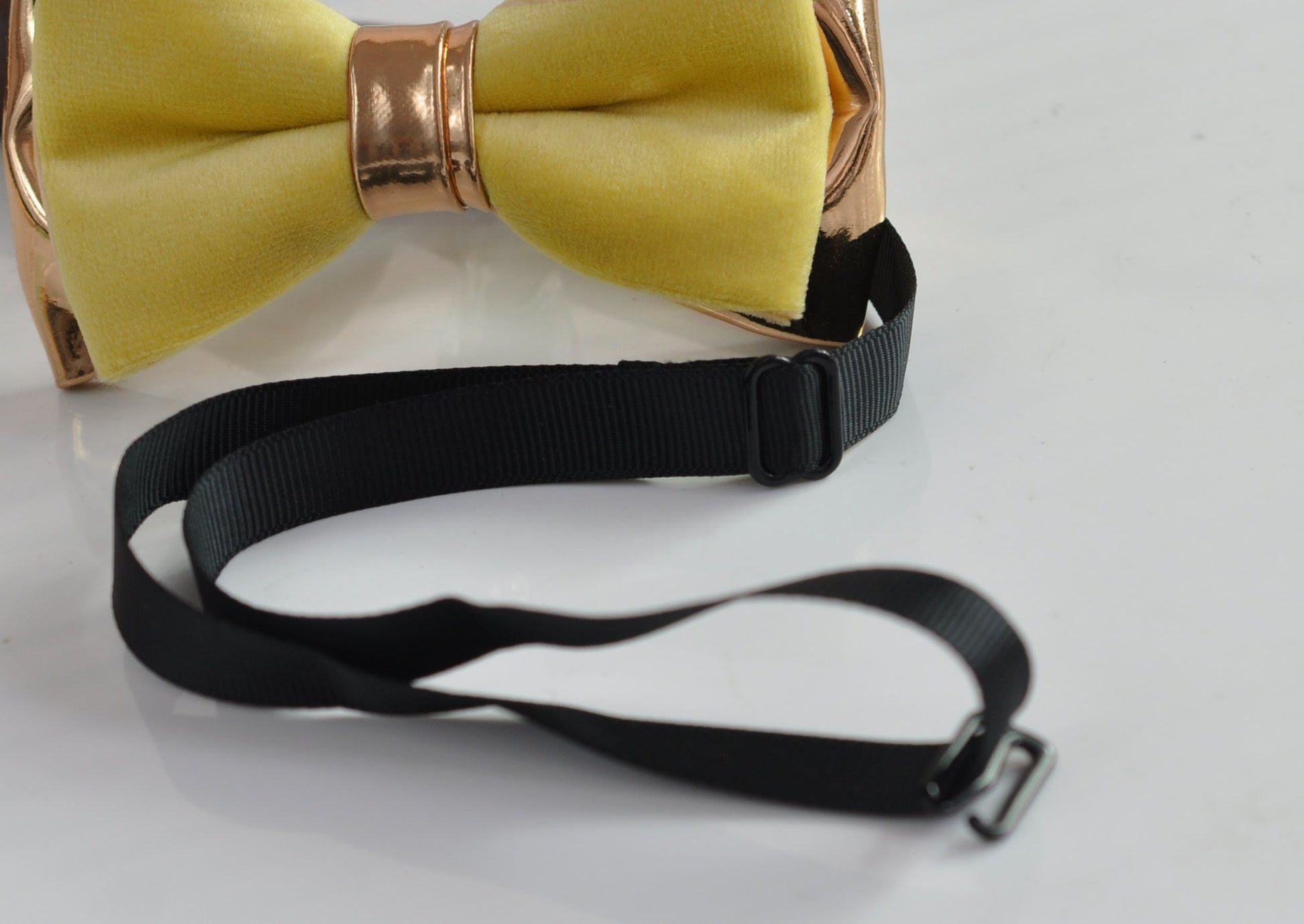 Lemon yellow Baby Yellow Velvet + Rose Gold Faux Leather Bow tie Bowtie for Men Adult / Youth Teenage / Kids Boy / Baby Infant Toddler