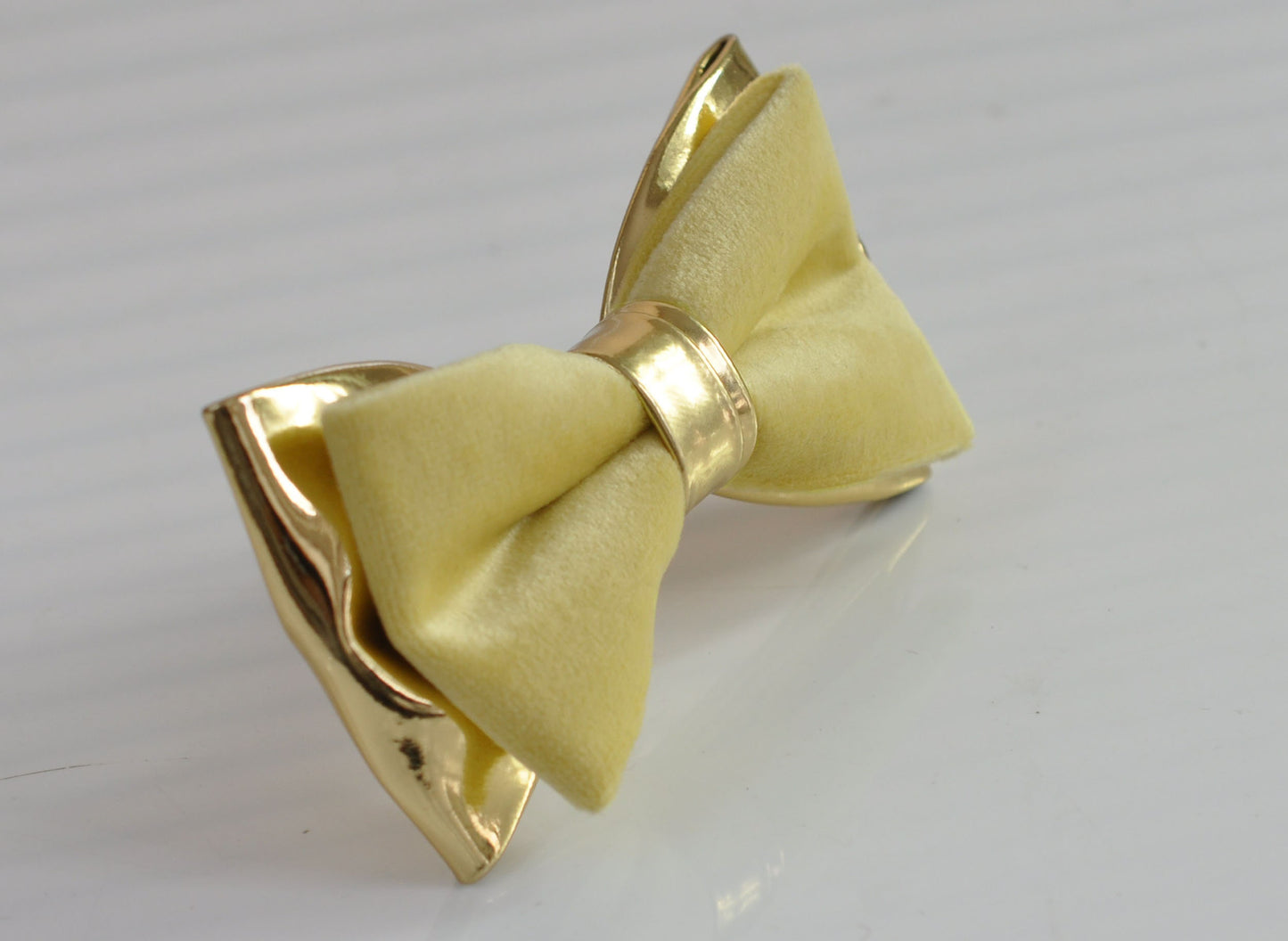 Lemon Yellow Baby Yellow Velvet + Gold Faux Leather Pretied Bow tie Bowtie for Men Adult / Youth Teenage / Kids Boy / Baby Infant Toddler