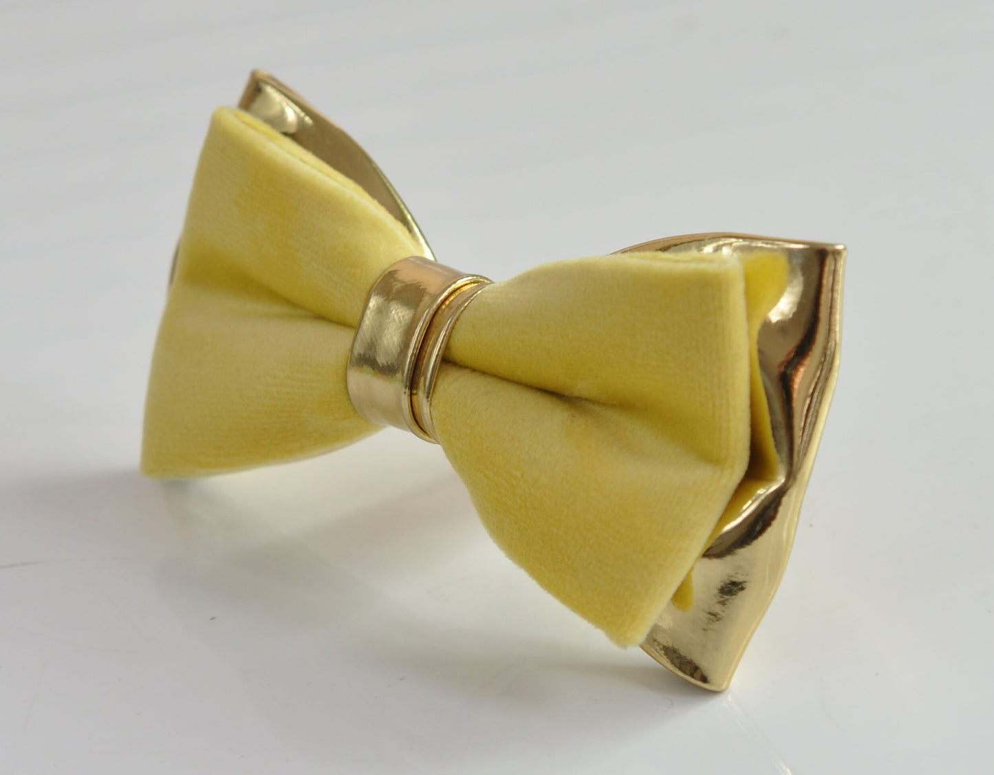 Lemon Yellow Baby Yellow Velvet + Gold Faux Leather Pretied Bow tie Bowtie for Men Adult / Youth Teenage / Kids Boy / Baby Infant Toddler