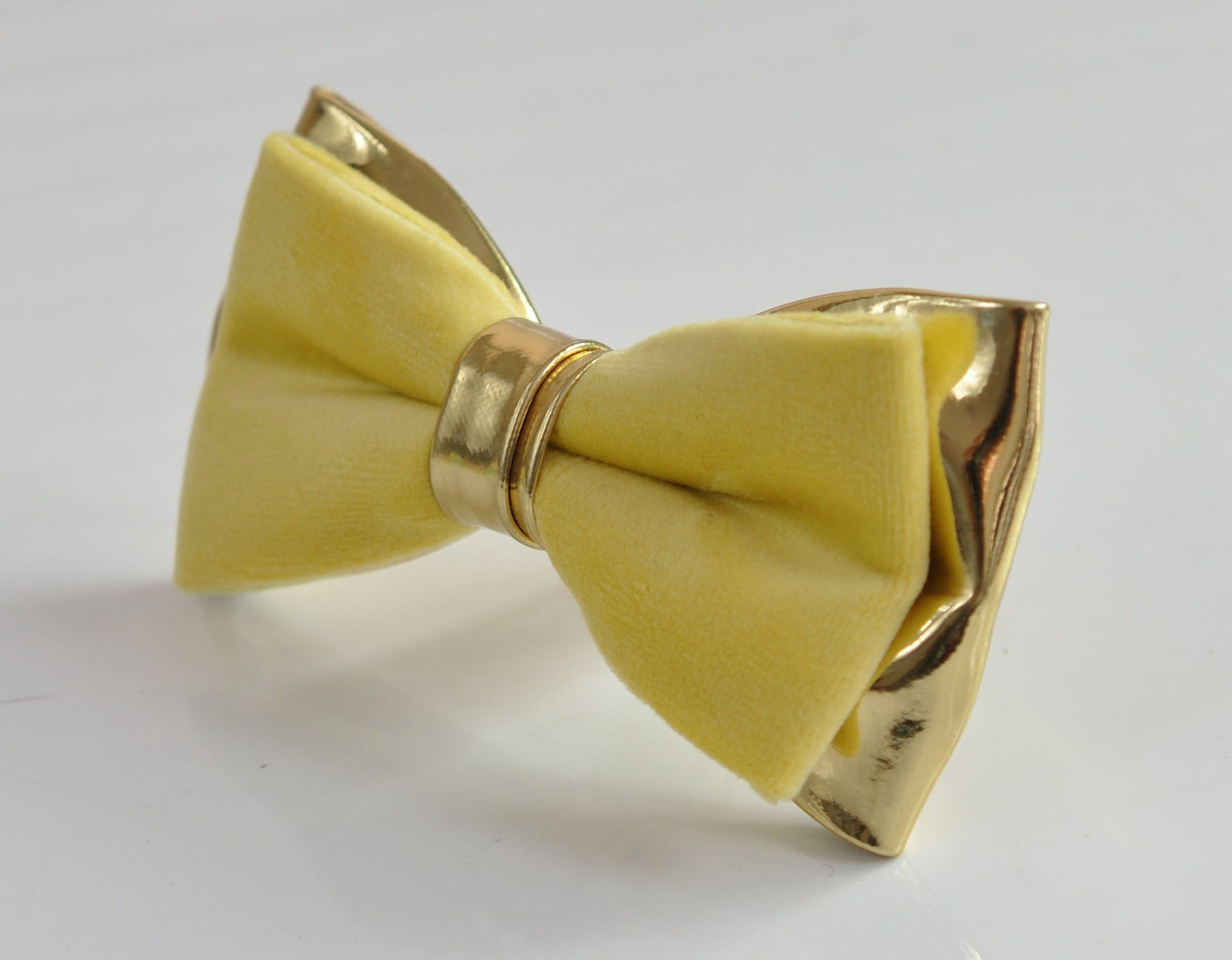 Lemon Yellow Baby Yellow Velvet + Gold Faux Leather Pretied Bow tie Bowtie for Men Adult / Youth Teenage / Kids Boy / Baby Infant Toddler