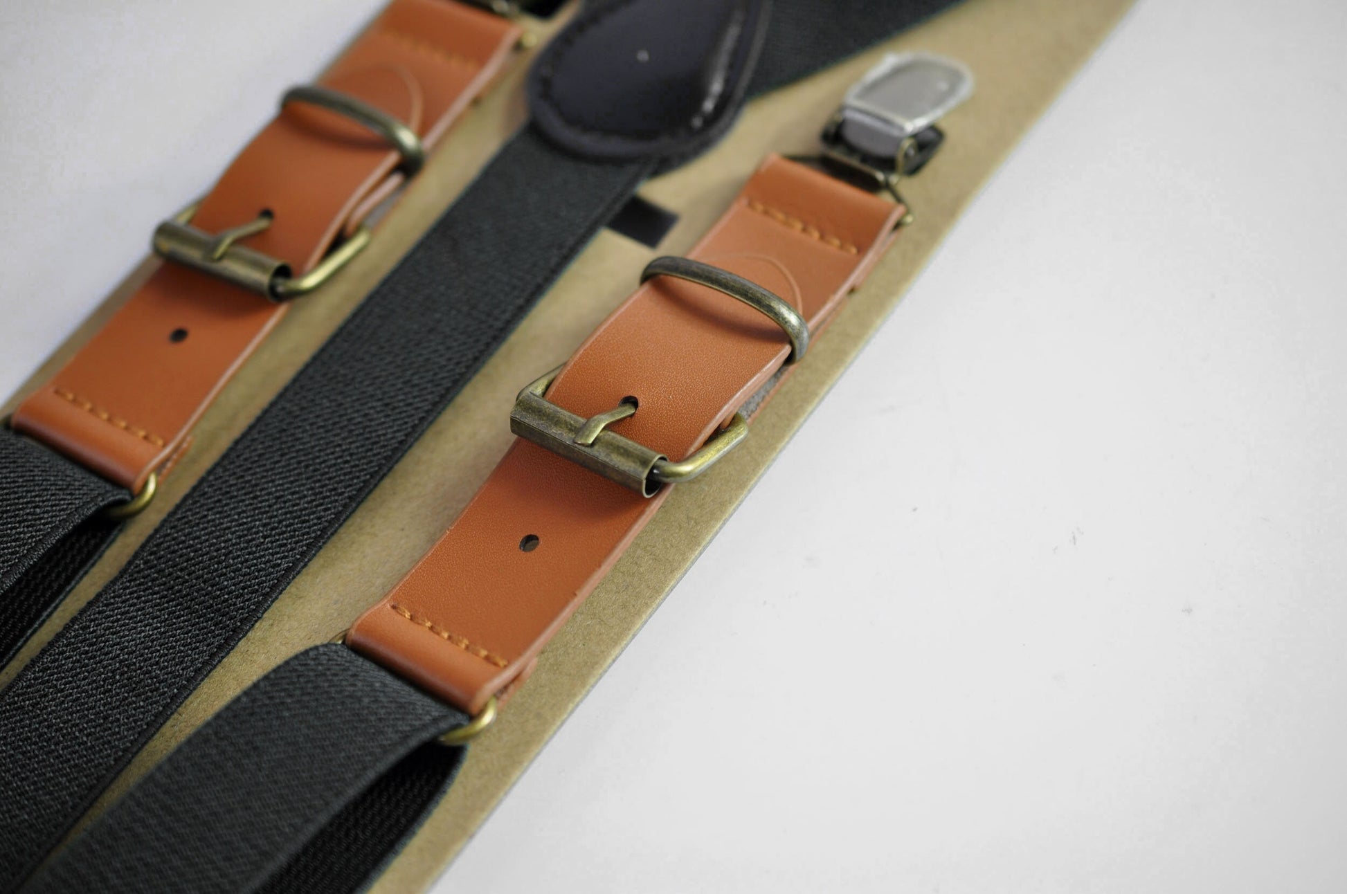 25mm Wide Black Elastic Tan Faux Leather Adjustabale Suspenders Braces for Men / Youth Teenage / Boy Kids / Infant Toddler Baby