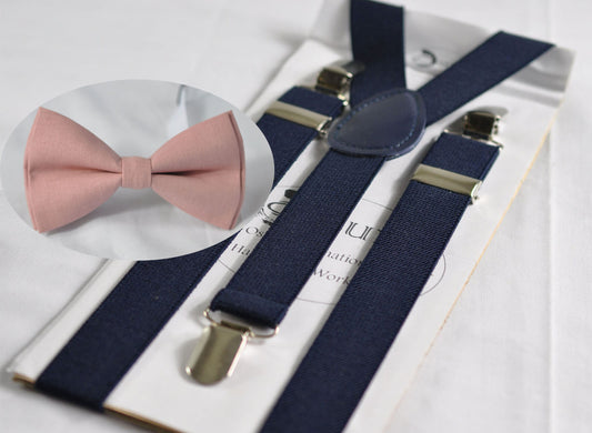 Warm Dusky Dusty Rose Pink Blush Pink Cotton Bow tie+ Navy Blue Elastic Suspenders Braces for Men / Youth / Boy Kids / Baby Toddler