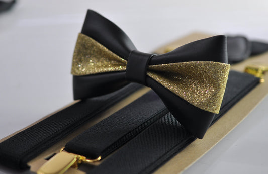 Black Gold Golden Faux Leather Shining Bow tie + BLACK Elastic Suspenders Braces Men / Youth / Kids Boy /Toddler Baby Infant