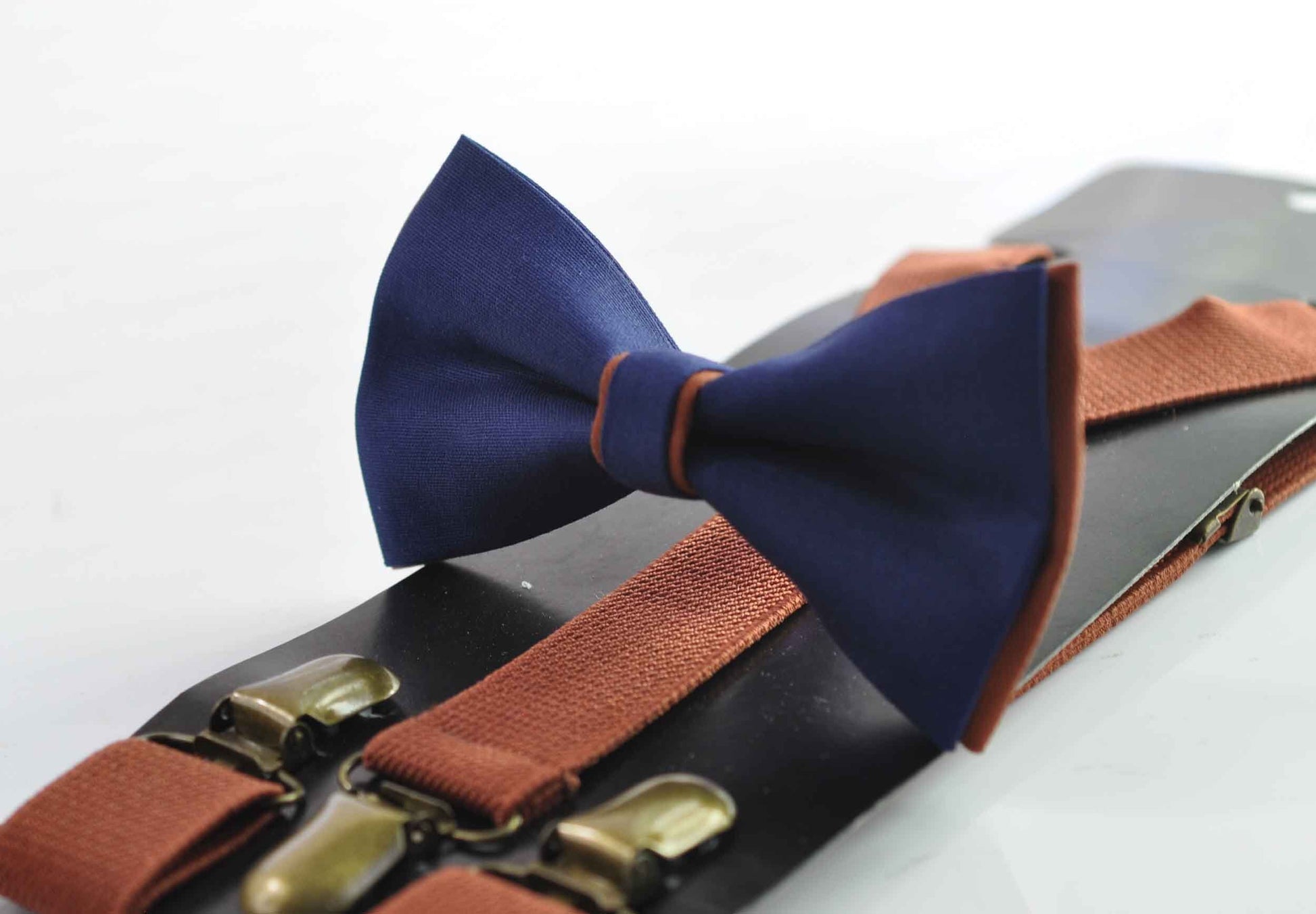Navy blue and Rust Brown Bow tie Bowtie + Rust Terracotta Elastic Suspenders Braces Men / Youth/ Boys Kids / Baby Infant Toddler