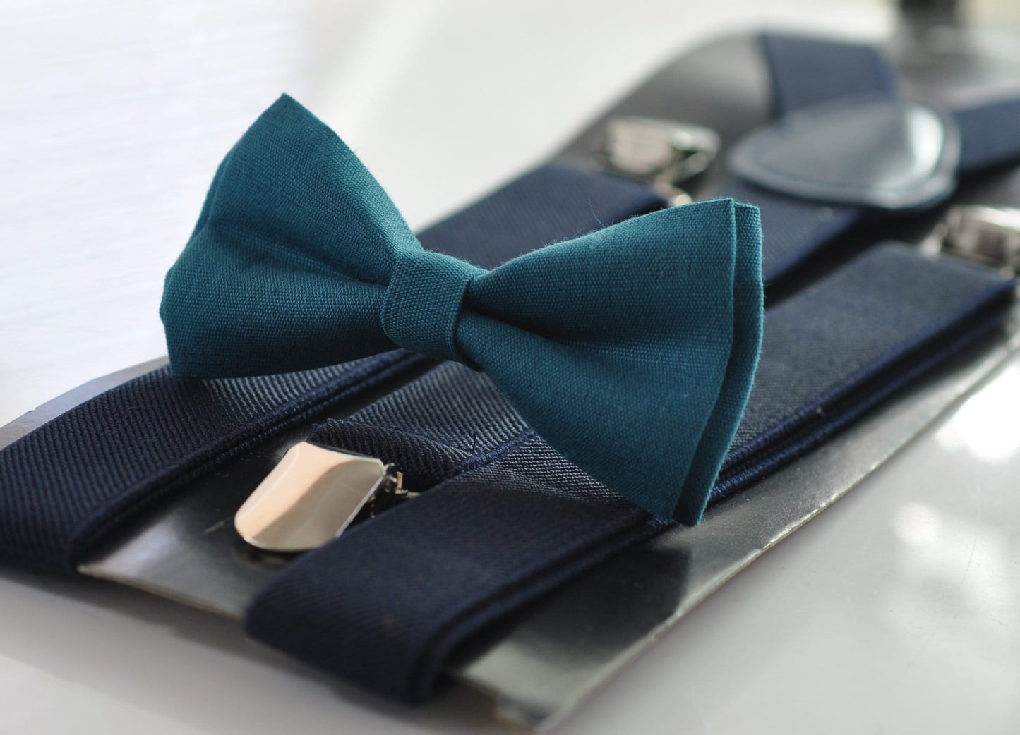 Turquoise Teal Blue Linen Bow tie Bowtie + NAVY BLUE Elastic Suspenders Braces for Men / Youth Teenage/ Boys Kids / Baby Infant Toddler