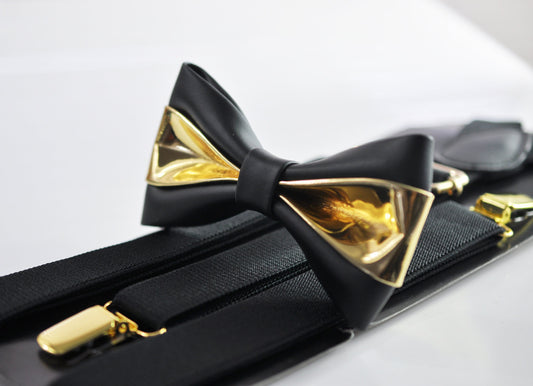 Black Gold Golden Faux Leather Shining Bow tie + BLACK Elastic Suspenders Braces Men / Youth / Kids Boy /Toddler Baby Infant
