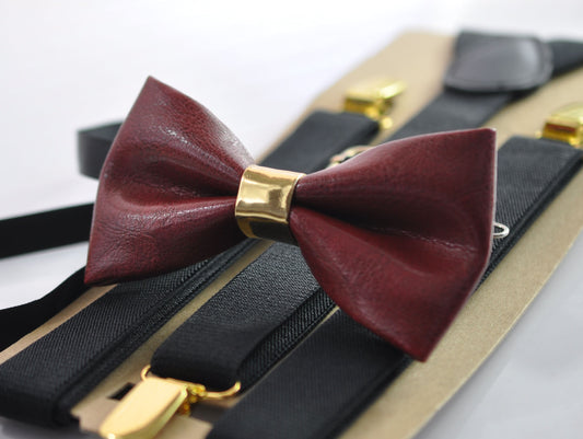 Burgundy Wine Red Gold Golden Faux Leather Shining Bow tie + BLACK Elastic Suspenders Braces Men / Youth / Kids Boy /Toddler Baby Infant