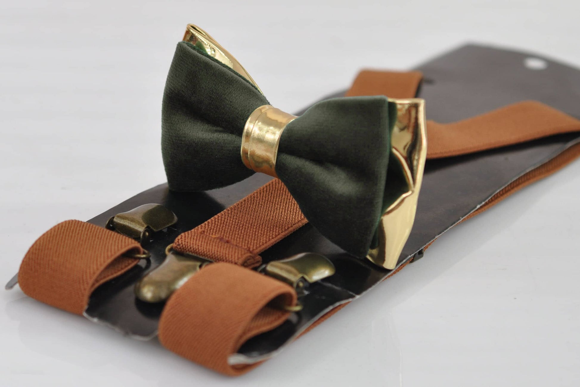 Dark Olive Green Army Green Velvet Gold Leather Bow tie + Tan Brown Elastic Suspenders Braces Men / Youth / Boys Kids / Baby Infant Toddler