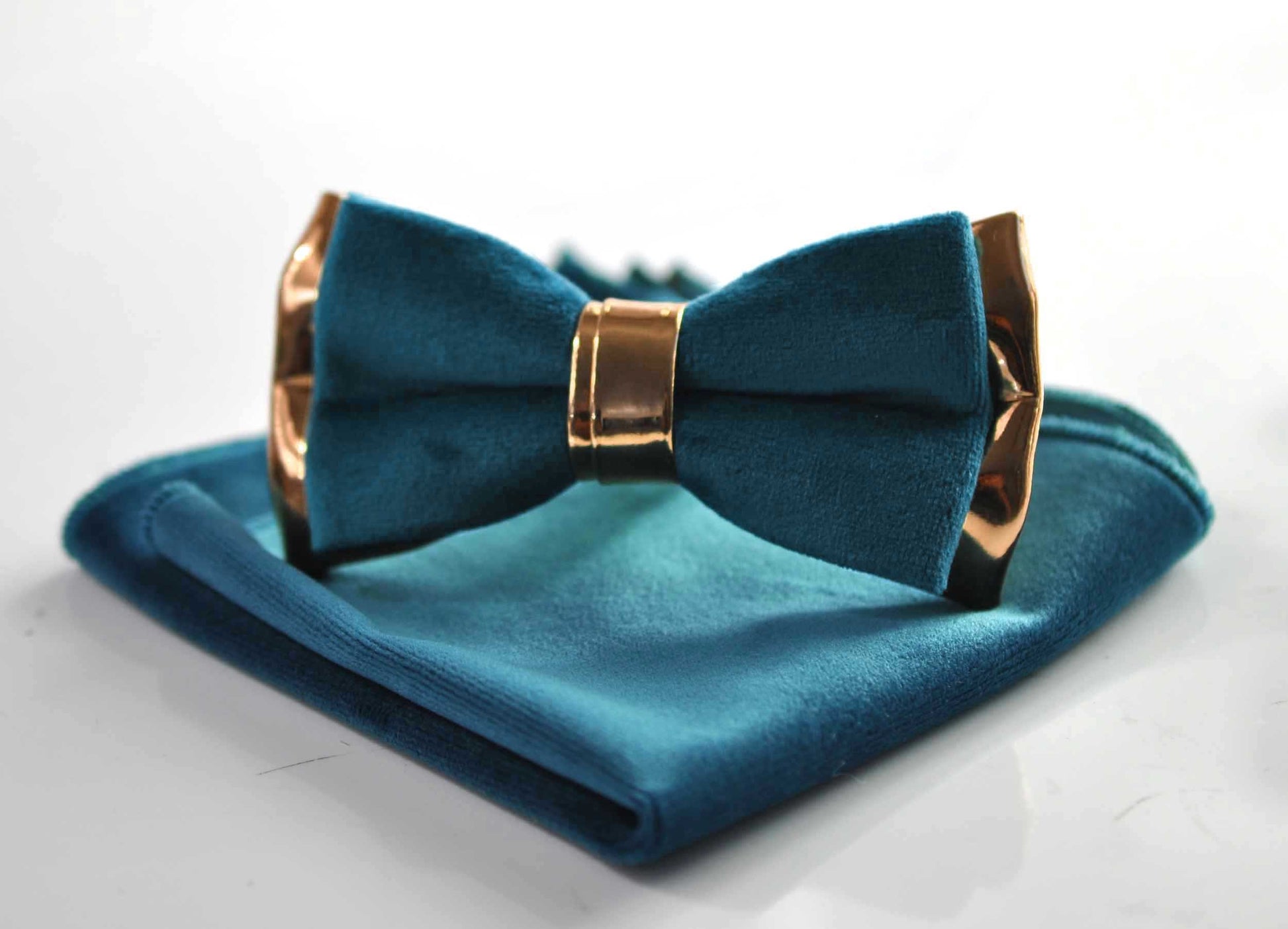 Dark Turquoise Teal Blue Velvet Rose Gold Faux Leather Bow tie + pocket Square Hanky Handkerchief for Men Adult / Youth / Boy / Baby Infant