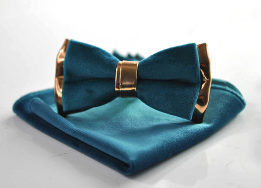 Dark Turquoise Teal Blue Velvet Rose Gold Faux Leather Bow tie + pocket Square Hanky Handkerchief for Men Adult / Youth / Boy / Baby Infant