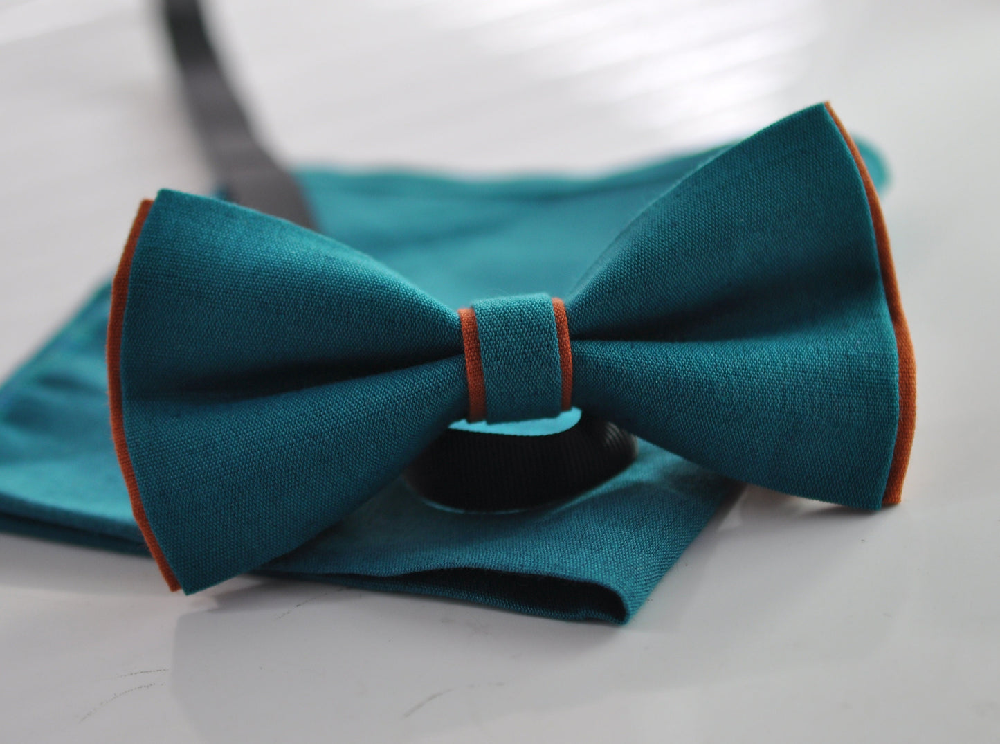 Turquoise Teal Blue Burnt Orange Linen Bow tie + Teal blue Pocket Squares Hanky Handkerchief Men Adult / Youth / Boy Kids / Baby Infant