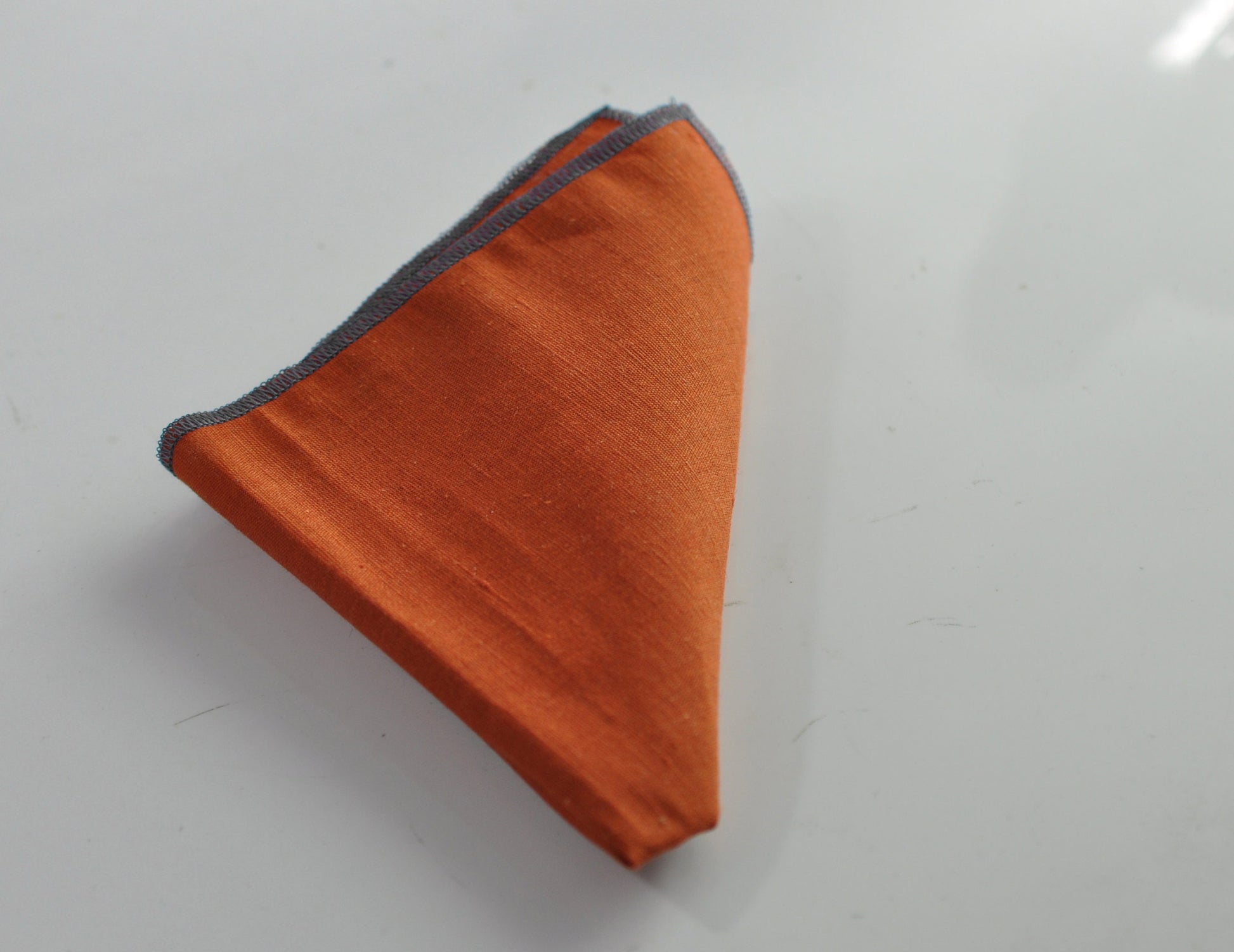 Burnt Orange Linen Pocket Square with Dark Navy Blue Edge Wedding Formal Hanky Handkerchief for Men / Youth / Boy Kids / Baby Infant Toddler