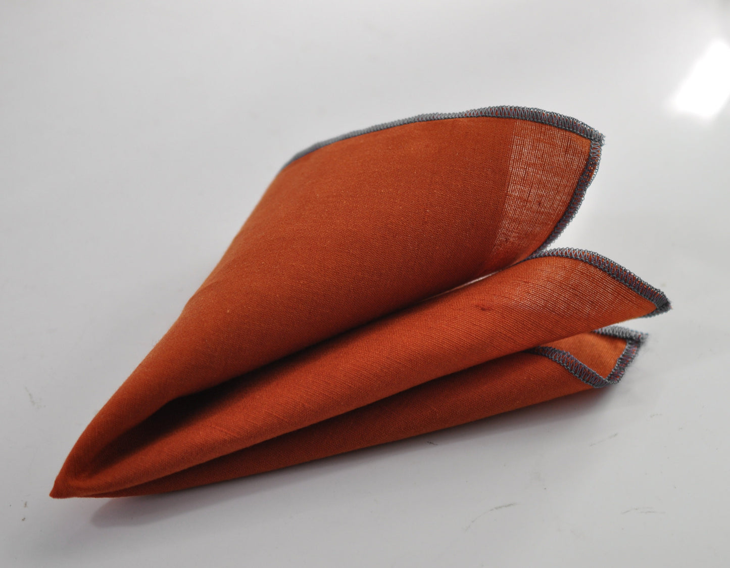 Burnt Orange Linen Pocket Square with Dark Navy Blue Edge Wedding Formal Hanky Handkerchief for Men / Youth / Boy Kids / Baby Infant Toddler