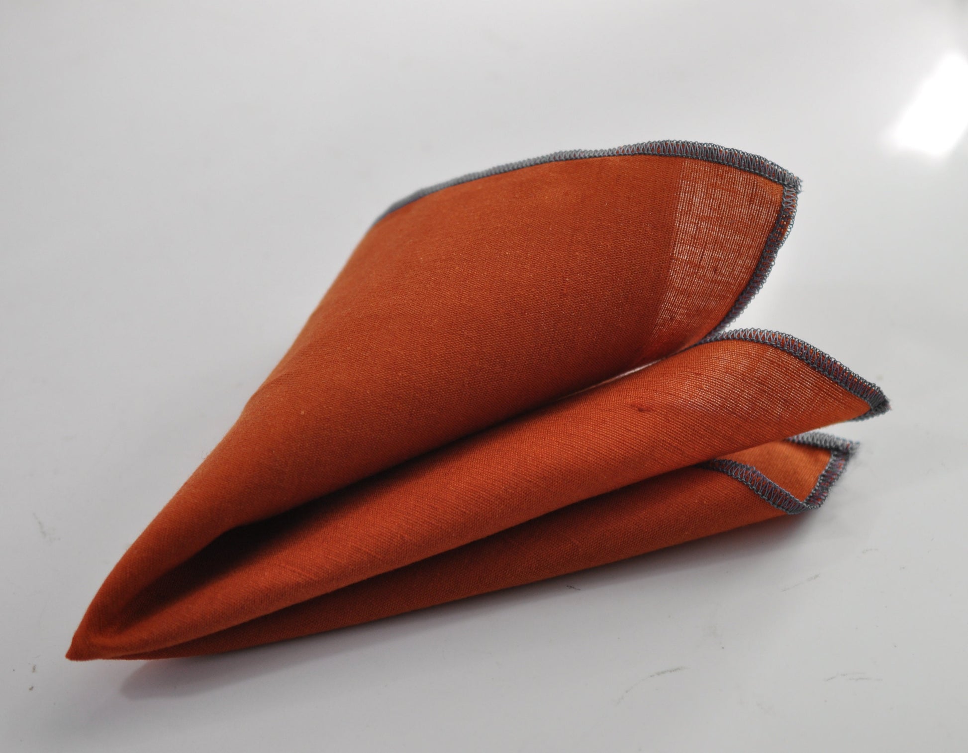 Burnt Orange Linen Pocket Square with Dark Navy Blue Edge Wedding Formal Hanky Handkerchief for Men / Youth / Boy Kids / Baby Infant Toddler