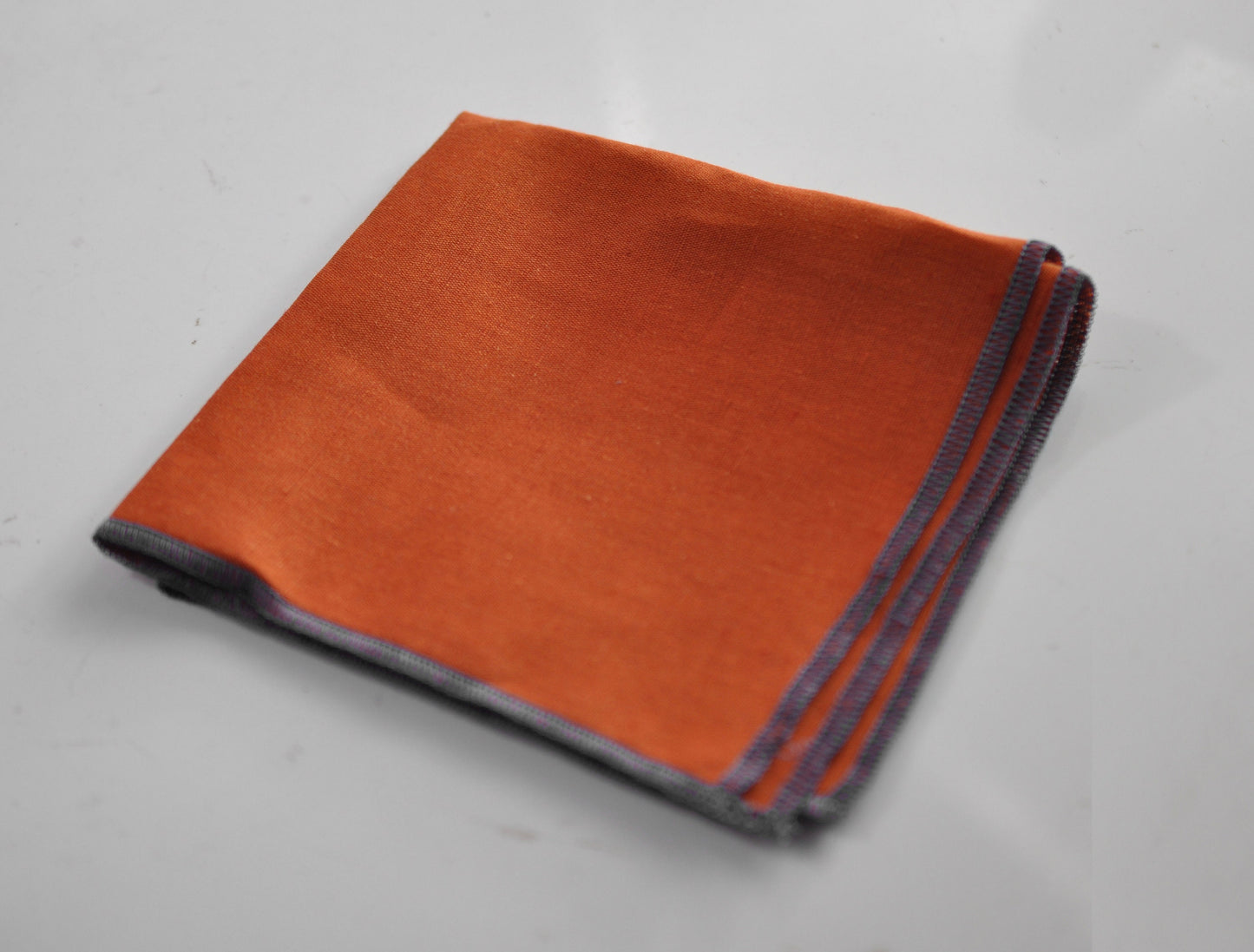 Burnt Orange Linen Pocket Square with Dark Navy Blue Edge Wedding Formal Hanky Handkerchief for Men / Youth / Boy Kids / Baby Infant Toddler