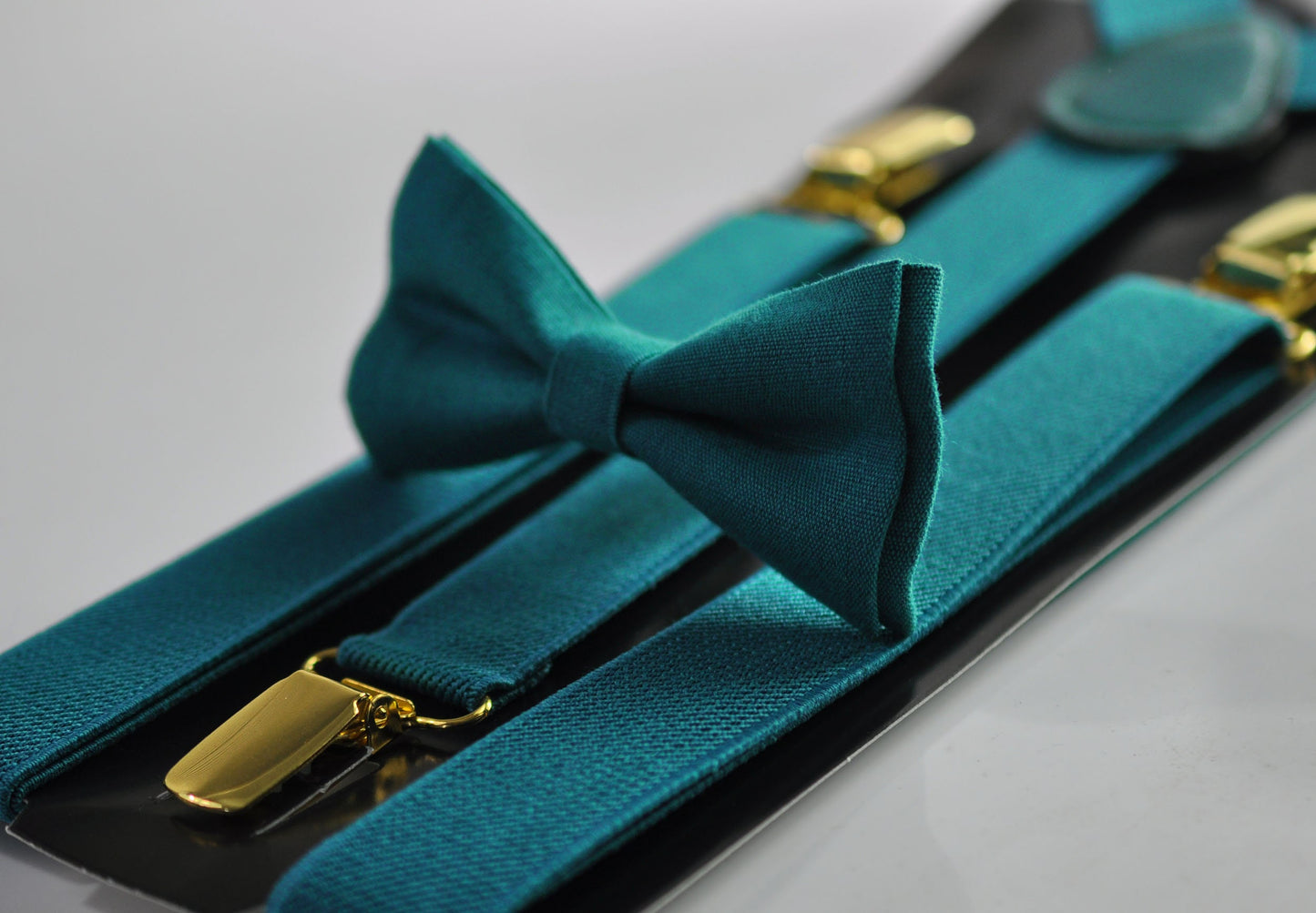 Turquoise Teal Blue Linen Bow tie + Elastic Suspenders Braces + Pocket Square Hanky Handkerchief for Men / Youth / Boys Kids / Baby Infant