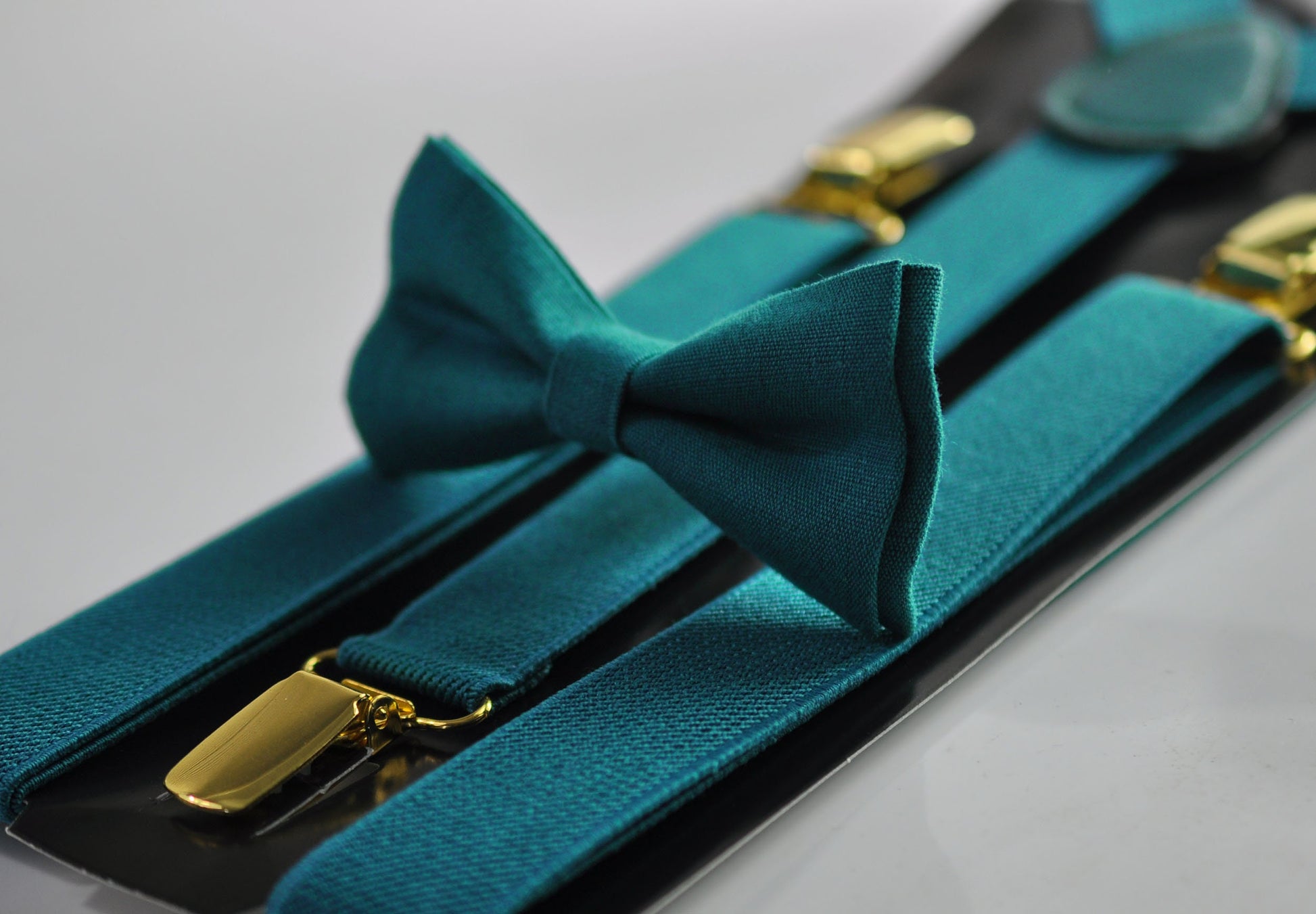 Turquoise Teal Blue Linen Bow tie + Elastic Suspenders Braces + Pocket Square Hanky Handkerchief for Men / Youth / Boys Kids / Baby Infant