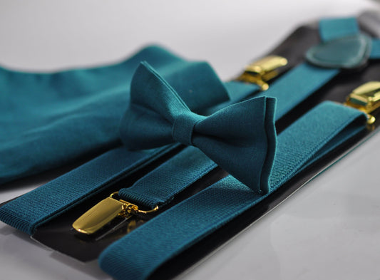 Turquoise Teal Blue Linen Bow tie + Elastic Suspenders Braces + Pocket Square Hanky Handkerchief for Men / Youth / Boys Kids / Baby Infant