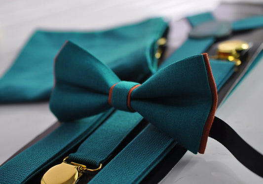 Turquoise Teal Blue Burnt Orange Linen Bow tie + Teal Blue Suspenders Braces Pocket Squares Men / Youth / Boys Kids / Baby Infant Toddler