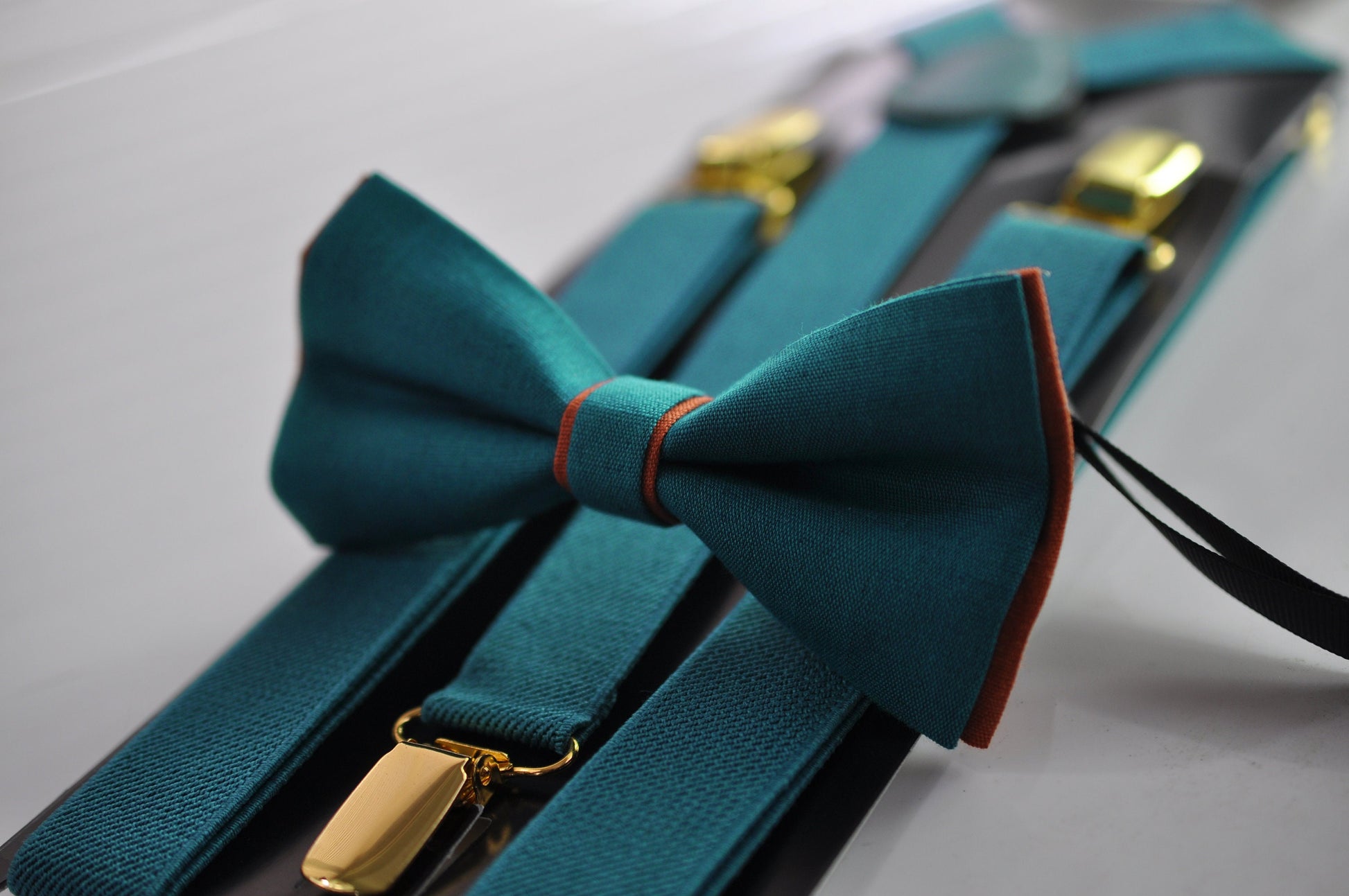 Turquoise Teal Blue and Burnt Orange Linen Bow tie Bowtie + Teal Blue Suspenders Braces for Men / Youth / Boys Kids / Baby Infant Toddler
