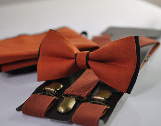 Black Burnt Orange Linen Bow tie + Black Suspenders Braces + pocket Square Hanky Handkerchief Men Adult / Teenage / Boy Kids / Baby Infant