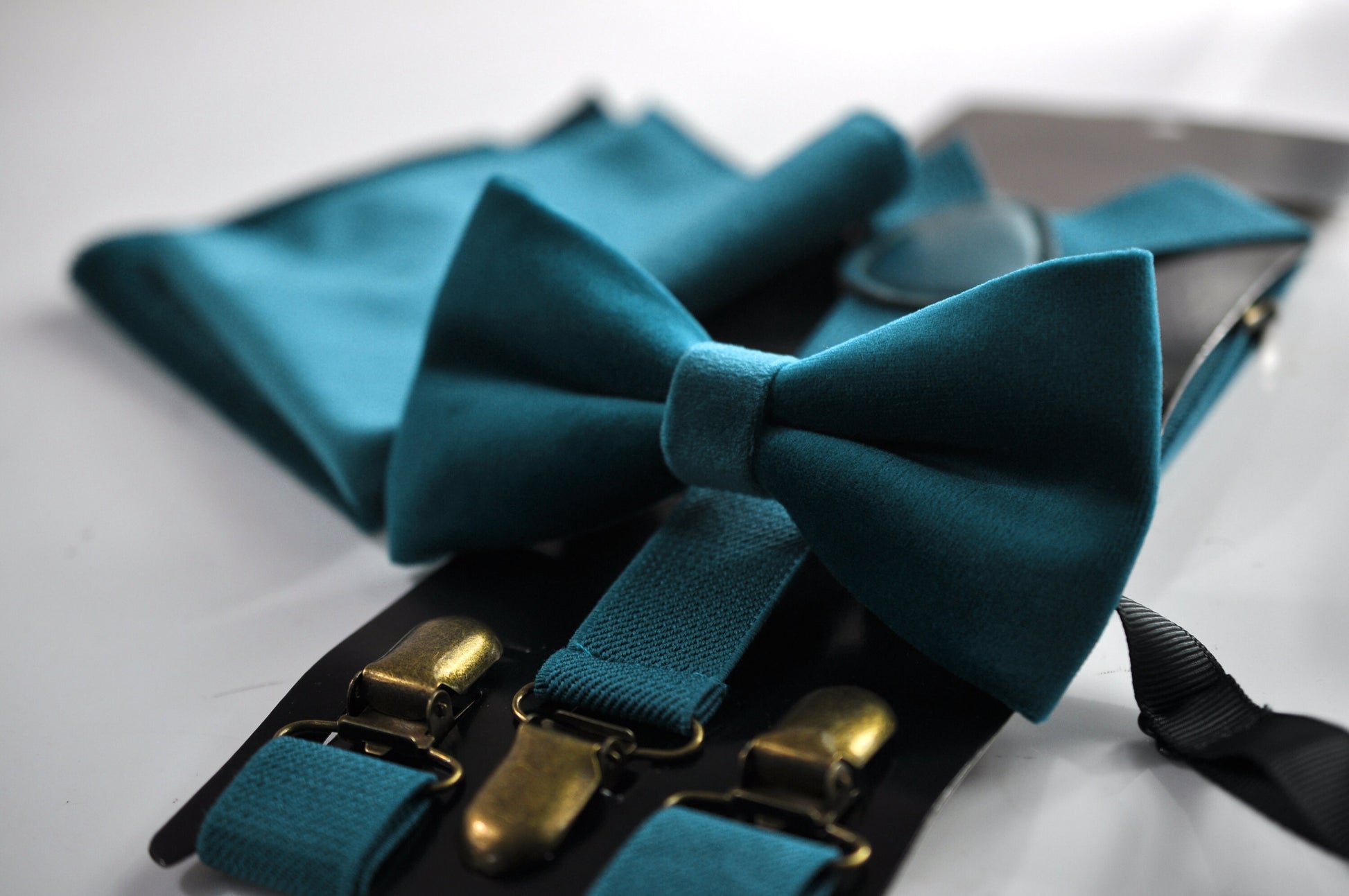 Teal blue Velvet Bow tie + Pocket Square Hanky Handkerchief + Suspenders Braces +Cufflinks Men / Youth / Boys / Baby Infant toodler