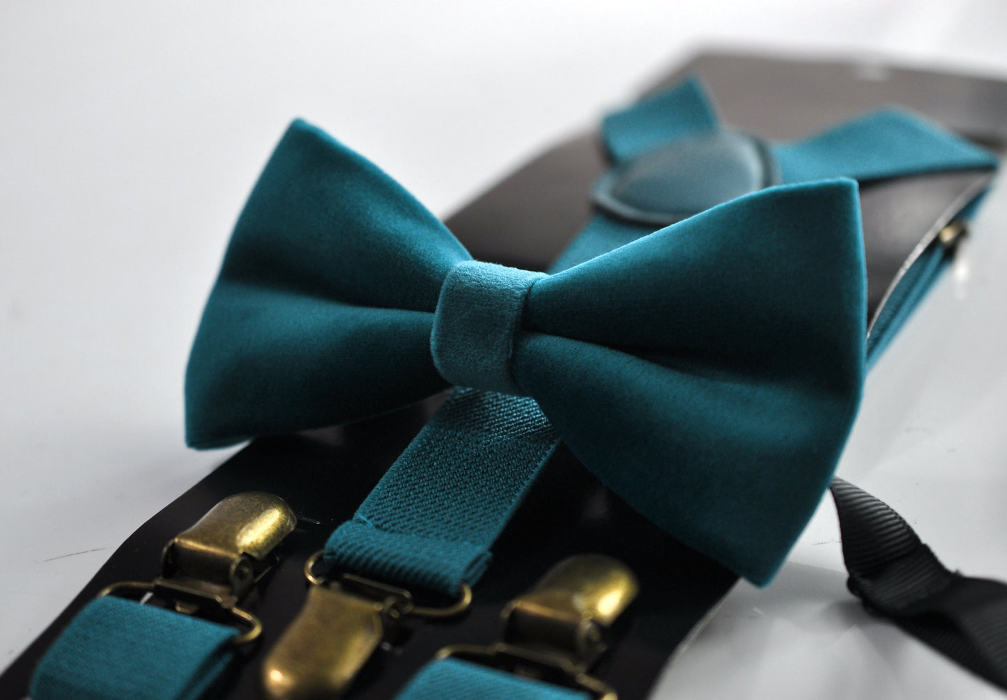 Teal blue Velvet Bow tie + Pocket Square Hanky Handkerchief + Suspenders Braces +Cufflinks Men / Youth / Boys / Baby Infant toodler