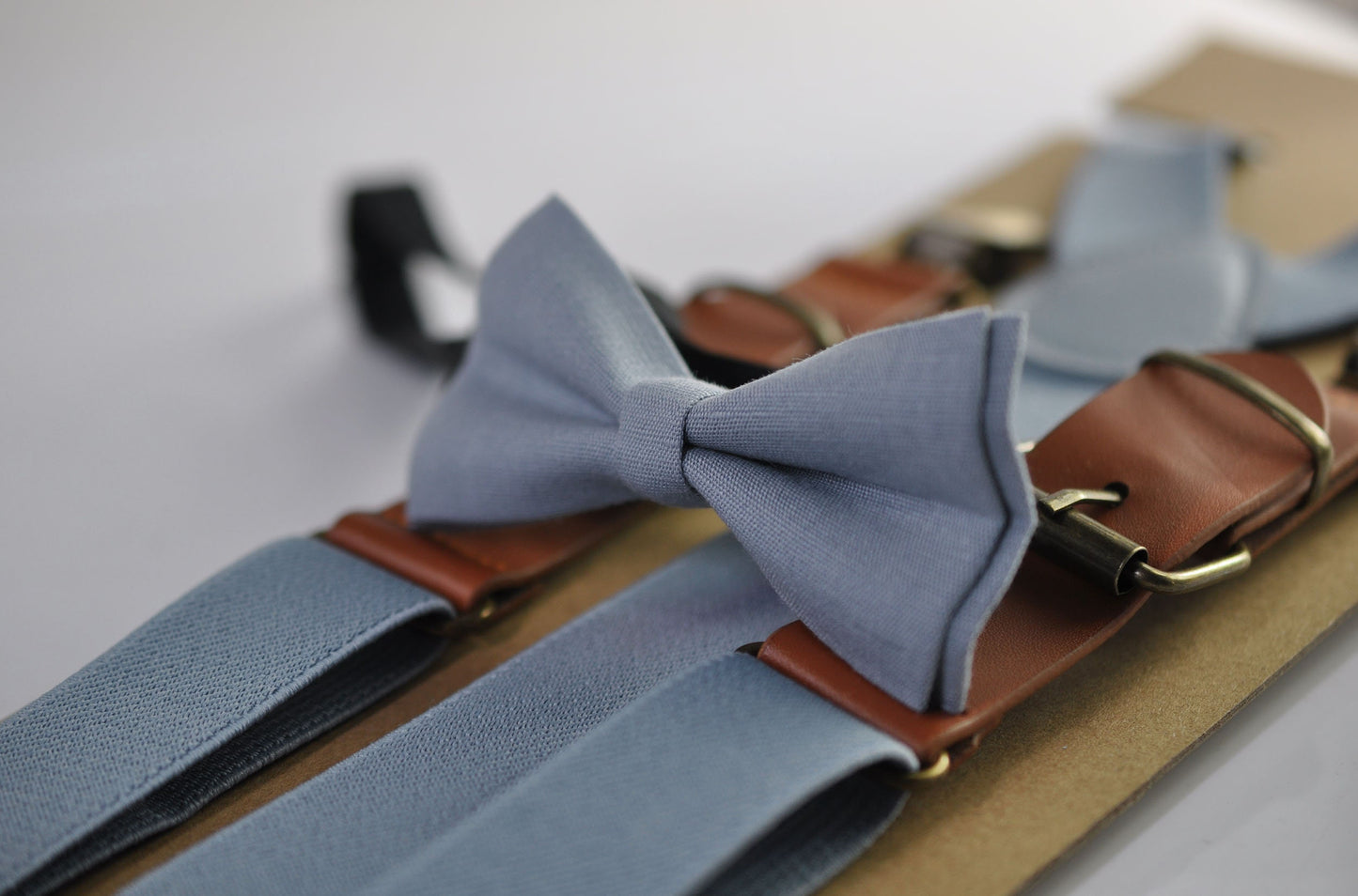 Dusty blue Light BLue Linen Bow tie Bowtie + Matched Elastic Suspenders Braces for Men / Youth / Boys Kids / Baby Infant Toddler