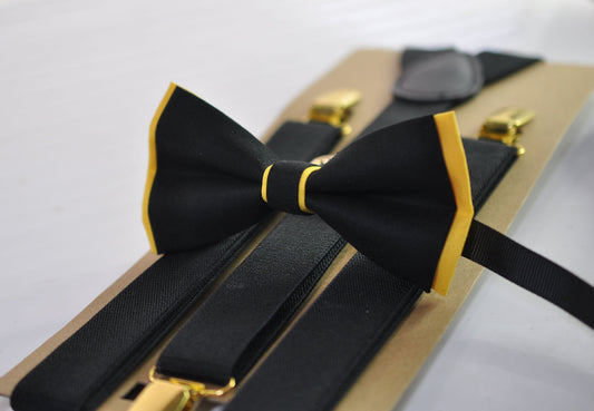 Black Yellow Cotton Bow tie bowtie and Black Elastic Golden clips suspenders Braces for Men / Youth Teenage / Boy Kids / Baby Infant toddler