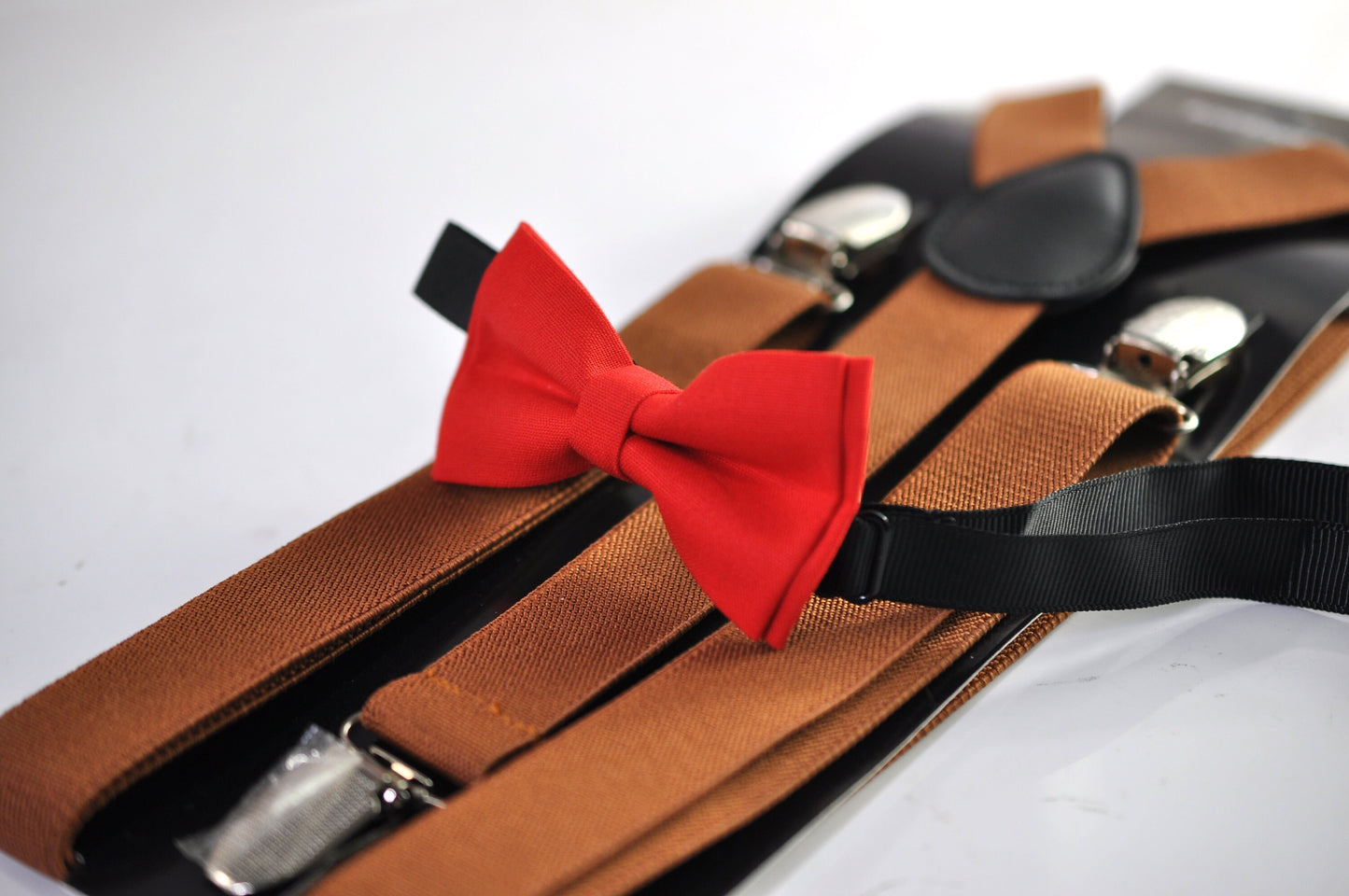 Bright Red Bow tie Bowtie + Tan Brown Elastic Suspenders Braces for Men / Youth Teenage/ Boys Kids / Baby Infant Toddler