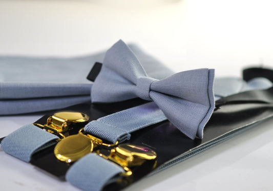 Dusty blue Linen Bow tie Bowtie + Elastic Suspenders Braces + Pocket Square Hanky Handkerchief for Men / Youth / Boys Kids / Baby Infant