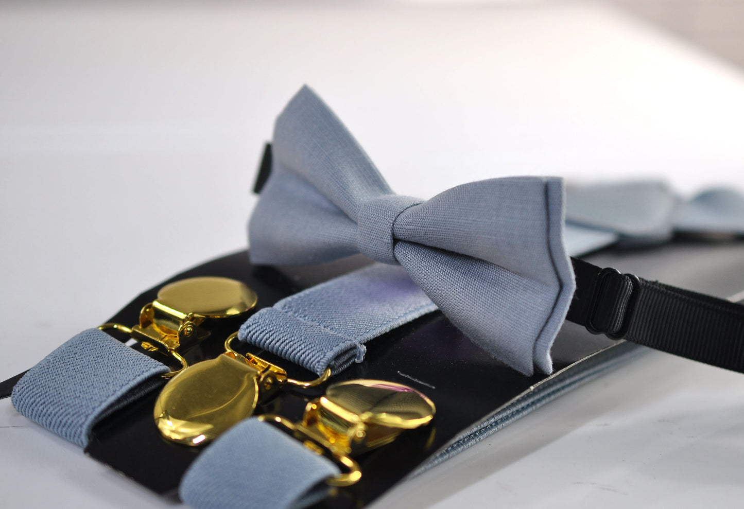 Dusty blue Linen Bow tie Bowtie + Elastic Suspenders Braces + Pocket Square Hanky Handkerchief for Men / Youth / Boys Kids / Baby Infant