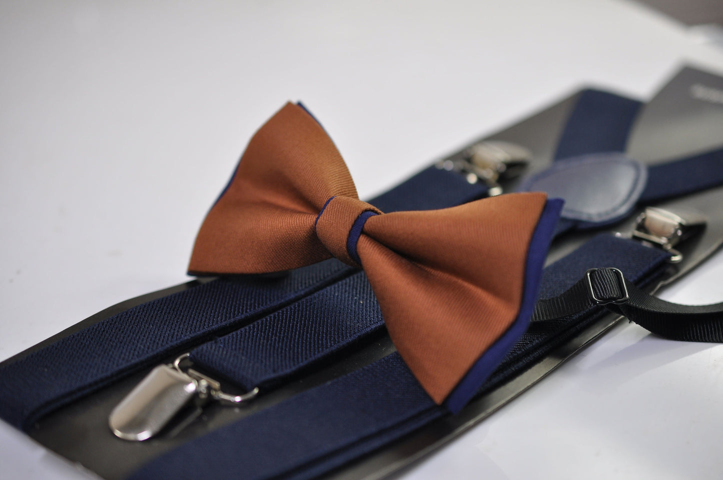 Navy blue and Tan Brown Bow tie Bowtie + Navy Blue Elastic Suspenders Braces Men / Youth/ Boys Kids / Baby Infant Toddler