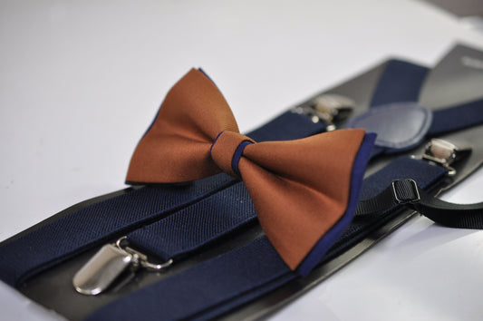 Navy blue and Tan Brown Bow tie Bowtie + Navy Blue Elastic Suspenders Braces Men / Youth/ Boys Kids / Baby Infant Toddler
