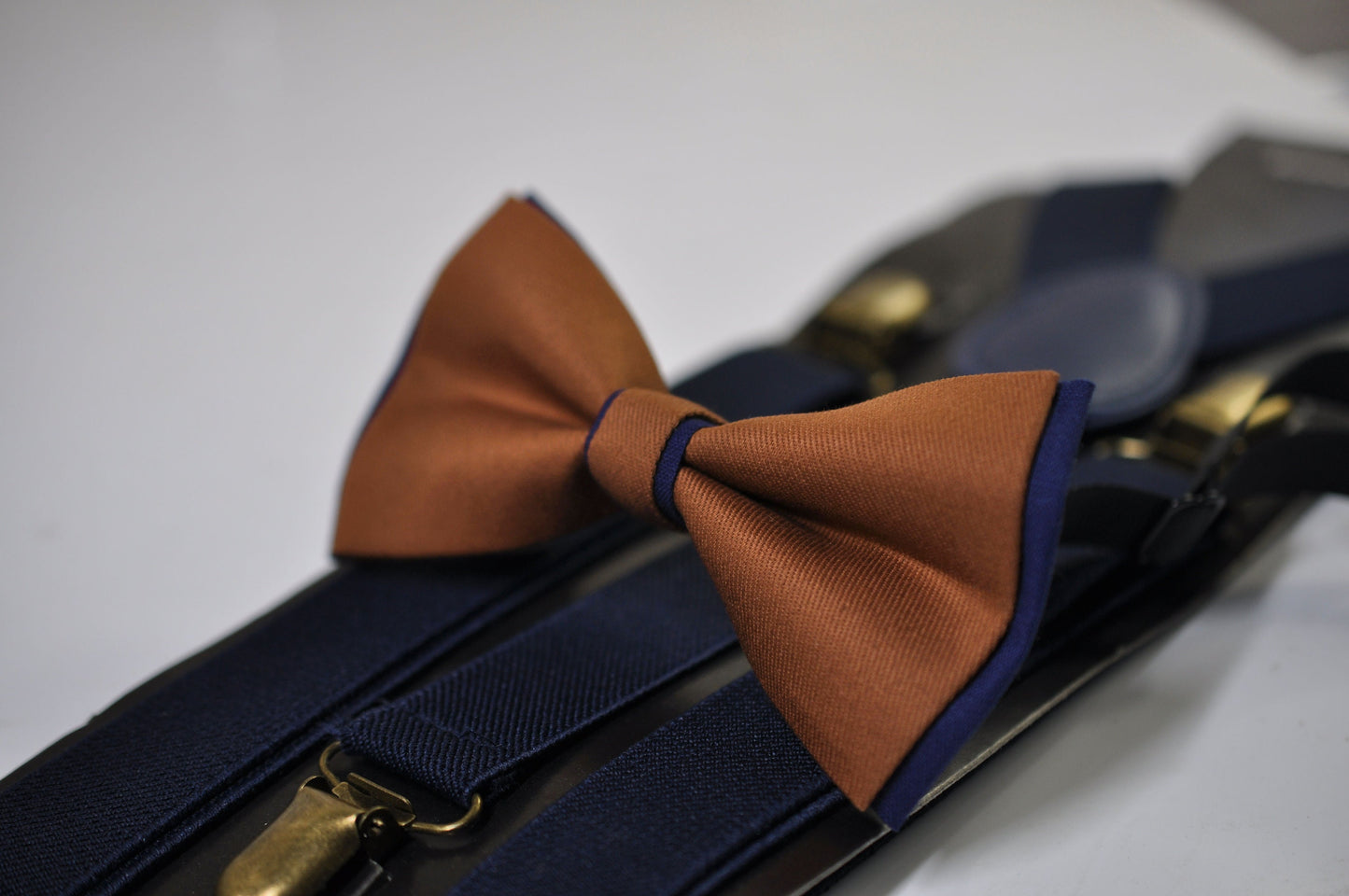 Navy blue and Tan Brown Bow tie Bowtie + Navy Blue Elastic Suspenders Braces Men / Youth/ Boys Kids / Baby Infant Toddler