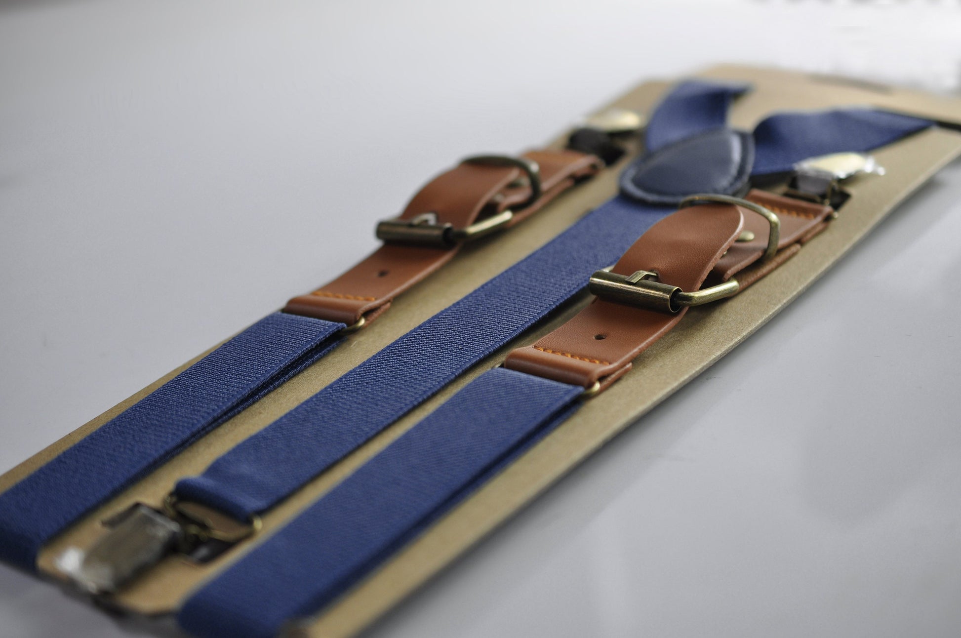 Navy blue and Tan Brown Bow tie Bowtie + Navy Blue Elastic Suspenders Braces Men / Youth/ Boys Kids / Baby Infant Toddler