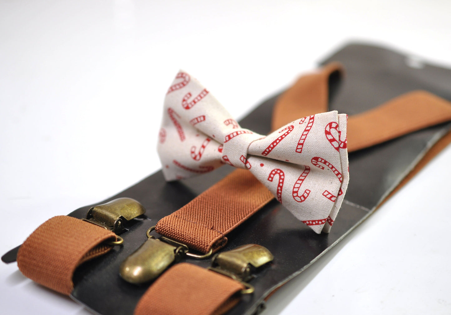 Candy Cane Canes Sticks Christmas Xmas Cotton Bow tie Bowtie + Tan Brown Suspenders Braces for Men / Youth/ Boys Kids / Baby Infant Toddler