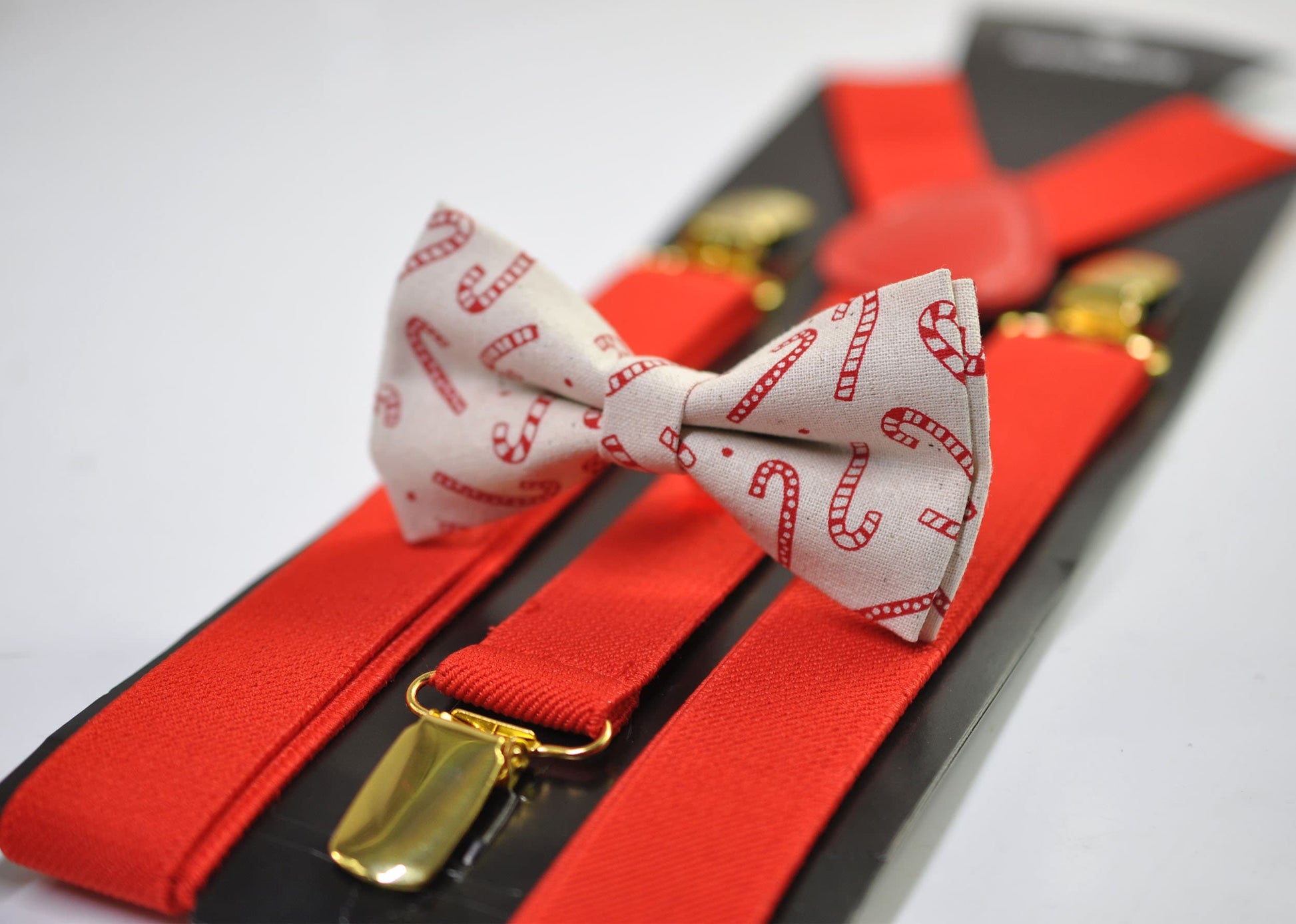 Candy Cane Canes Sticks Christmas Xmas Cotton Bow tie Bowtie + Red Elastic Suspenders Braces for Men /Youth/ Boys Kids / Baby Infant Toddler