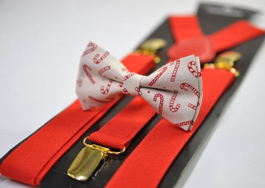 Candy Cane Canes Sticks Christmas Xmas Cotton Bow tie Bowtie + Red Elastic Suspenders Braces for Men /Youth/ Boys Kids / Baby Infant Toddler