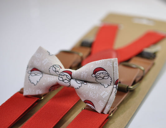 Santa Print Christmas Xmas Cotton Bow tie Bowtie + Red Elastic Suspenders Braces for Men / Youth/ Boys Kids / Baby Infant Toddler