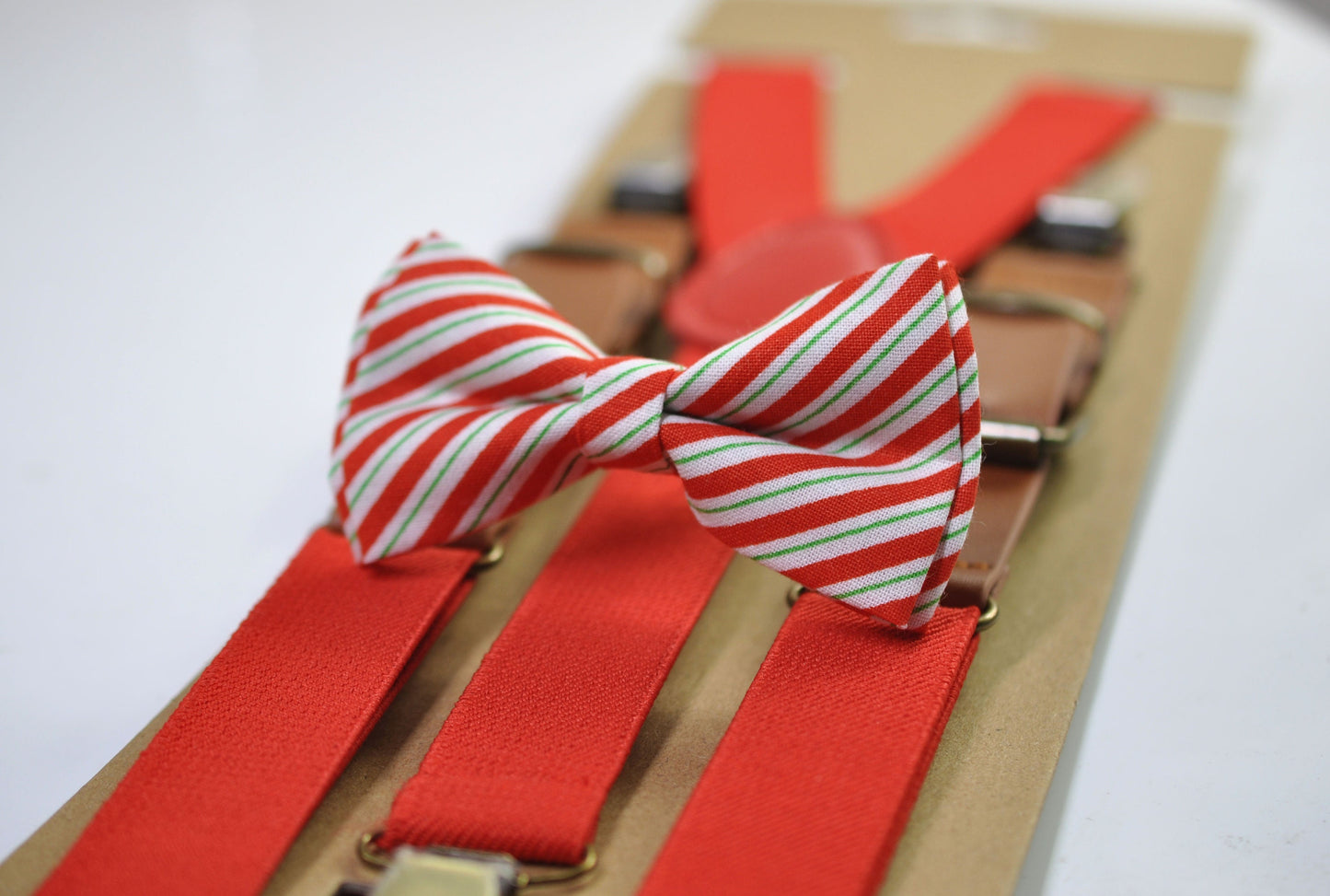Red White Green Candy Stripes Christmas Xmas Bow tie Bowtie + Red Suspenders Braces Men / Youth/ Boys Kids / Baby Infant Toddler
