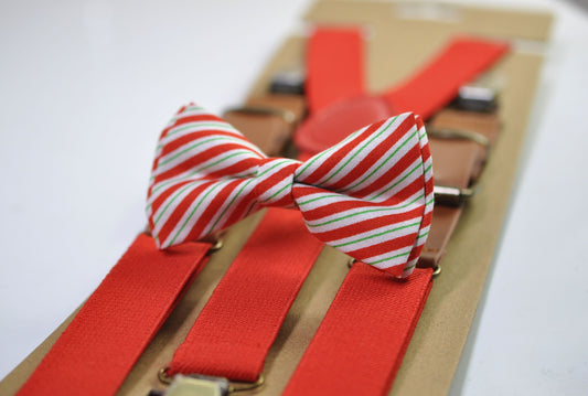 Red White Green Candy Stripes Christmas Xmas Bow tie Bowtie + Red Suspenders Braces Men / Youth/ Boys Kids / Baby Infant Toddler