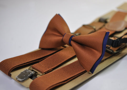 Navy blue and Tan Brown Bow tie Bowtie + Tan Brown Elastic Suspenders Braces Men / Youth/ Boys Kids / Baby Infant Toddler