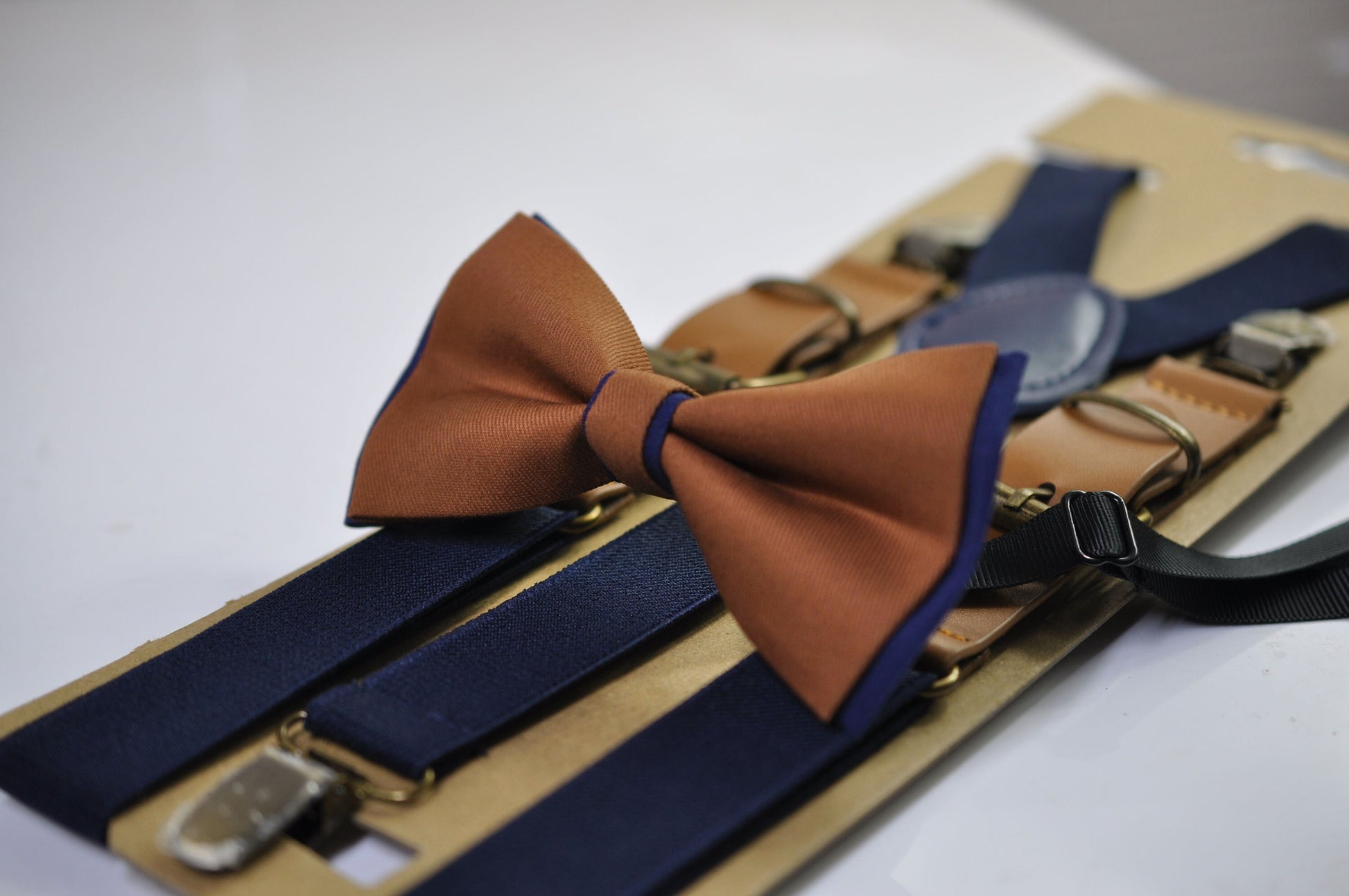 Navy blue and Tan Brown Bow tie Bowtie + Navy Blue Elastic Suspenders Braces Men / Youth/ Boys Kids / Baby Infant Toddler